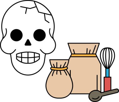 Bir kavanoz un ve kaşığın yanına bir kafatası çizilir. Kafatası gülümsüyor, bu da resme neşeli ve neşeli bir hava veriyor.