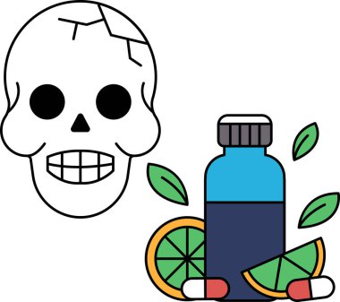 Bir kutu hapın ve bir parça meyvenin yanına bir kafatası çizilir. Kafatası gülümsüyor ve ilaç şişesi açık. Sahne karanlık ve uğursuz.
