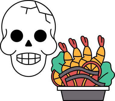 Bir kase yemeğin yanına bir kafatası çizilir. Kafatası gülümsüyor ve yemek kasesi sebzelerle dolu.