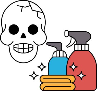 Bir kafatası sprey şişesi ve bir yığın giysinin yanına çizilir. Kafatası gülümsüyor ve sprey şişesi yukarı bakıyor. Temizlik ve organizasyon kavramı