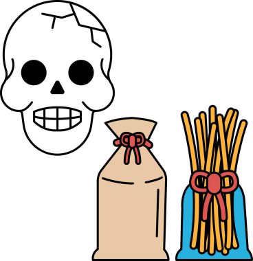 Yüzünde bir gülümsemeyle bir kafatası çizilir ve yanında bir torba çizilir. Kafatası beyaz bir arka planla çevrilidir.