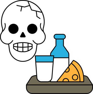 Kafatası tepside bir bardak süt ve bir dilim peynirle birlikte. Kafatası gülümsüyor ve yanında bir şişe soda var.