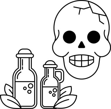 Yanında bir şişe alkol olan bir kafatası çizilir. Kafatası gülümsüyor ve şişe yarı boş.
