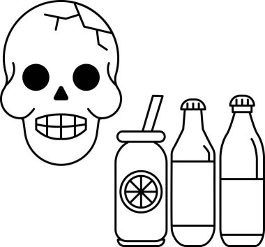 Bir şişe soda ve bir şişe biranın yanına bir kafatası çizilir. Kafatası gülümsüyor ve ağzında bir pipet var.