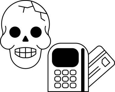 Kafatası ve iskelet, telefon ve kredi kartıyla. Kafatası gülümsüyor ve telefon siyah.