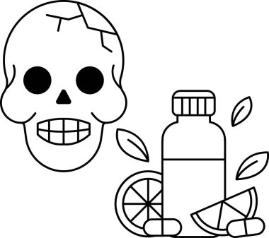Bir kutu hapın ve bir parça meyvenin yanına bir kafatası çizilir. Kafatası gülümsüyor ve ilaç şişesi açık. Sahne karanlık ve uğursuz.