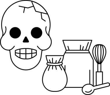 Bir kavanoz un ve kaşığın yanına bir kafatası çizilir. Kafatası gülümsüyor, bu da resme neşeli ve neşeli bir hava veriyor.