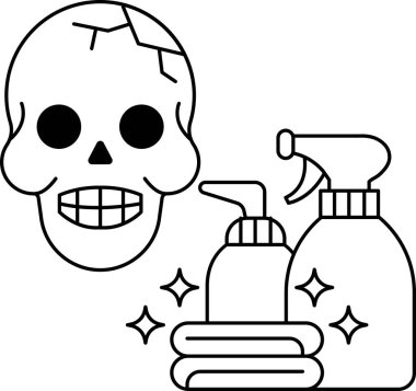 Bir kafatası sprey şişesi ve bir yığın giysinin yanına çizilir. Kafatası gülümsüyor ve sprey şişesi yukarı bakıyor. Temizlik ve organizasyon kavramı