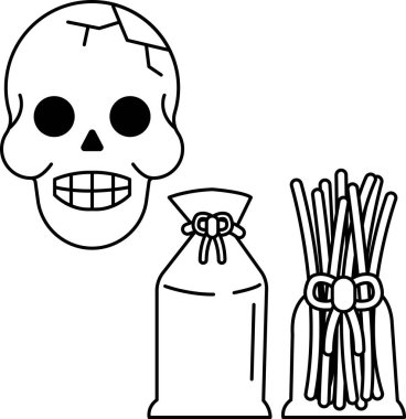 Yüzünde bir gülümsemeyle bir kafatası çizilir ve yanında bir torba çizilir. Kafatası beyaz bir arka planla çevrilidir.