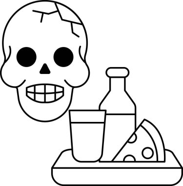 Kafatası tepside bir bardak süt ve bir dilim peynirle birlikte. Kafatası gülümsüyor ve yanında bir şişe soda var.