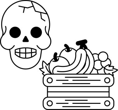 Bir sepet meyvenin yanına bir kafatası çizilir. Kafatasının yüzünde bir gülümseme var, ki bu biraz garip. Meyve sepeti elma, muz ve üzümleri içerir. Manzara biraz ürkütücü ve rahatsız edici.