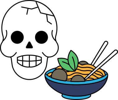 Kafatası bir kase eriştenin yanındadır. Kafatası siyah beyaz çizilmiş. Görüntünün ürkütücü ve ürkütücü bir havası var.