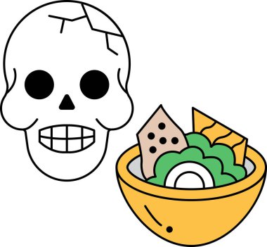 Bir kase yemeğin yanına bir kafatası çizilir. Kafatasının yüzünde bir gülümseme var, bu bir kafatası için alışılmadık bir şey. Yemek kasesi havuç, brokoli gibi çeşitli malzemelerle dolu.