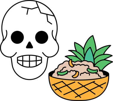 Kafatası bir kase yemeğin yanına çizilir, kafatası gülümsüyor gibi görünür ve yemek dolu bir kase. Kafatası ve yemek kasesi bir zıtlık ve entrika hissi yaratır.