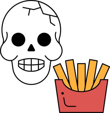 Gülen suratlı bir kafatası bir kutu patates kızartmasının yanına çizilir. Kafatasının gülen yüzü mutlu ve memnun olduğu izlenimini veriyor.