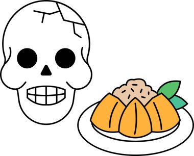 Bir tabak yemeğin yanına bir kafatası çizilir. Kafatasının yüzünde garip ve beklenmedik bir gülümseme var. Yemek tabağı bir kase pirinçtir, sıradan ve basit bir yemektir.