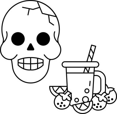 Kafatası, içinde pipet olan bir bardak meyve suyunun yanındadır. Kafatası gülümsüyor ve bardak dolu.