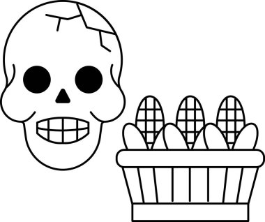 Bir mısır sepetinin yanına bir kafatası çizilir. Kafatasının yüzünde bir gülümseme var, ki bu biraz garip. Mısır sepeti mısırla dolu ve mısır sepete saçılmış.