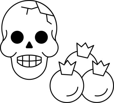 Kafatası ve üç dut. Kafatası siyah ve beyaz. Meyveler kırmızıdır.