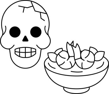 Bir kase yemeğin yanına bir kafatası çizilir. Kafatasının yüzünde tuhaf ve beklenmedik bir gülümseme var. Yemek kasesi havuç da dahil olmak üzere çeşitli malzemelerle dolu.