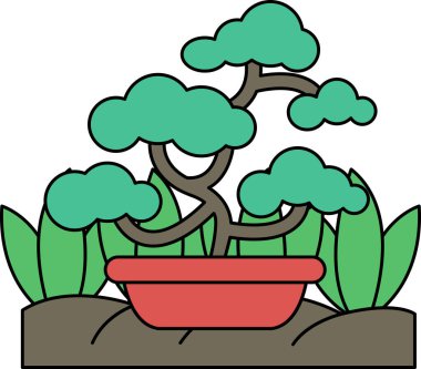 Birçok dalı ve yaprakları olan büyük bir ağaç küçük bir saksının içindedir. Ağaç çimenler ve çiçeklerle çevrili.