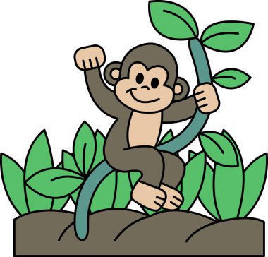 Ormandaki bir kayanın üzerinde bir maymun oturuyor. Maymun gülümsüyor ve mutlu.