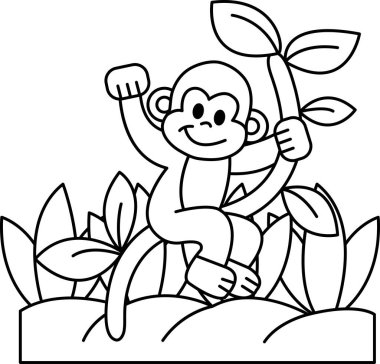 Ormandaki bir kayanın üzerinde bir maymun oturuyor. Maymun gülümsüyor ve mutlu.