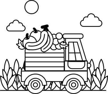 Çizgi film kamyonu yolda ilerliyor. Üstünde bir sürü meyve var. Kamyon elma ve portakal taşıyor.