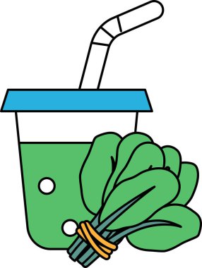 İçinde pipet olan bir kupa ve yanında da bir sürü yaprak. Yapraklar yeşil ve taze görünüyor. Bardak beyaz arka plana yerleştirilir.