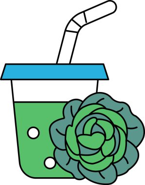 İçinde pipet ve yapraklı yeşil bir bitki olan bir kupa. Bardak bir içkiyle dolu.