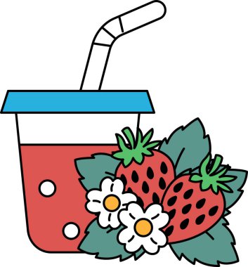 Bir bardak meyve suyu, pipet ve üstüne de çilek. Resmin neşeli ve neşeli bir havası var, çünkü taze meyveli renkli ve sağlıklı bir içecek sunuyor.