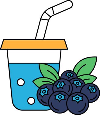 Üzerinde pipet olan bir bardak meyve suyu ve üstünde de bir demet yaban mersini. Tazelik ve sağIık kavramı, yabanmersinlerinin meyve suyuna doğal ve besleyici bir katkı olması gibi.