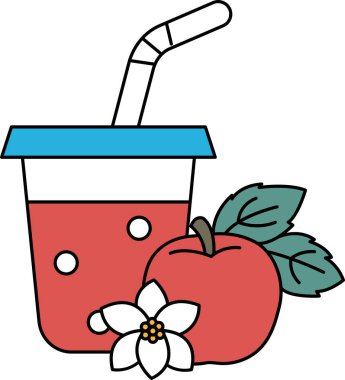 Bir bardak meyve suyu, pipet ve üzerinde yeşil bir elma. Tazelik ve sağlık kavramı, meyve suyu ve elma hem doğal hem de besleyicidir. Kadeh ve pipet sıradan bir şey olduğunu gösteriyor.