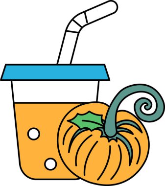 Bir bardak meyve suyu bir balkabağının yanındadır. Balkabağı turuncu ve sapı var. Kadeh beyaz ve içinde bir pipet var.