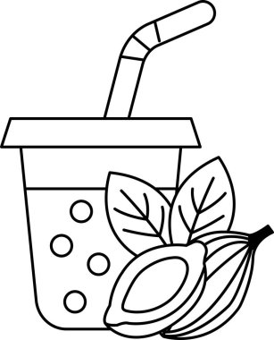 Üzerinde kamış ve yaprak olan bir bardak meyve suyu karikatürü. Görüntünün neşeli ve neşeli bir havası var.