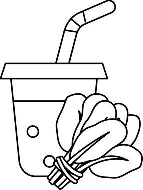 İçinde pipet olan bir kupa ve yanında da bir sürü yaprak. Yapraklar yeşil ve taze görünüyor. Bardak beyaz arka plana yerleştirilir.