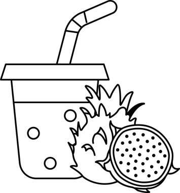 Üzerine bir kamış ve bir dilim ananas olan bir bardak meyve suyu. Meyve suyu plastik bir bardakta ve ananas ikiye bölünmüş.