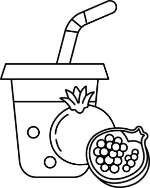 İçinde pipet ve bir parça meyve olan bir bardak meyve suyu. Meyve suyu plastik bir fincanda ve meyve de bir nar.