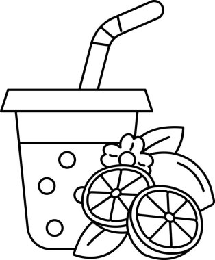 İçinde bir dilim limon ve yaprak olan kamışın karikatür çizimi. Sahne neşeli ve şen şakrak