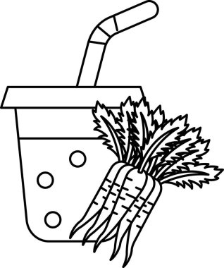 İçinde pipet ve havuç olan bir fincanın karikatür çizimi. Havuçlar fincanın etrafına saçılmış, bazıları kamışa daha yakın, bazıları ise daha uzaktadır.