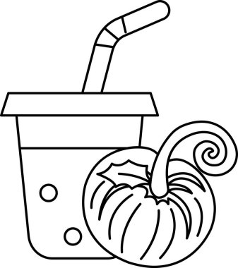 Bir bardak meyve suyu bir balkabağının yanındadır. Balkabağı turuncu ve sapı var. Kadeh beyaz ve içinde bir pipet var.