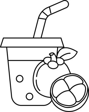 Bir bardak meyve suyu, pipet ve bir dilim limon. Meyve suyu plastik bir bardakta ve kireç onun üstünde.