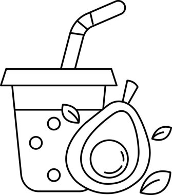 Üzerinde bir parça avokado olan bir bardak meyve suyu. Avokado ikiye bölünür ve meyve suyuna yerleştirilir.