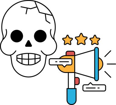 Dişleri ve mikrofonu olan bir kafatası. Kafatası gülümsüyor ve mikrofonu bir insan tutuyor.