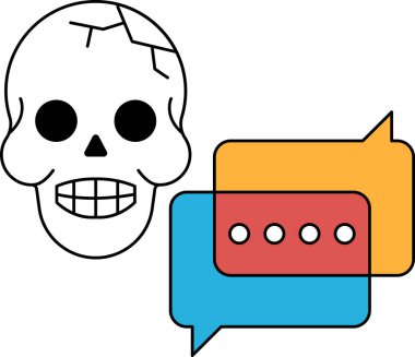 Bir kafatası gülümsüyor ve ağzı açık, dişleri görünüyor. Kafatasının yanında bir sohbet kutusu var.