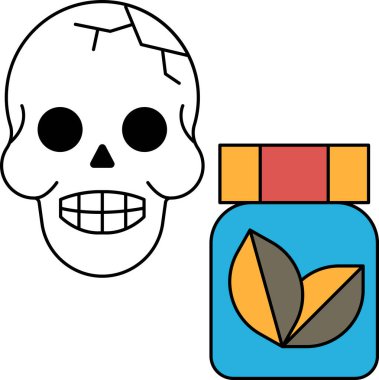 Bir kafatası bir kavanoz yeşil yaprağın yanında. Kafatası gülümsüyor ve kavanoz yapraklarla dolu.