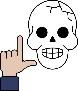 L harfini işaret eden eli olan bir kafatası. Kafatası gülümsüyor ve dili dışarı çıkıyor.