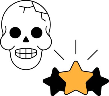 Yüzünde bir gülümseme olan bir kafatası bir yıldızın yanındadır. Kafatası gülümsüyor ve yıldız parıldıyor.