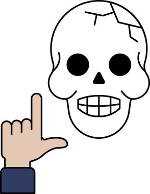 L harfini işaret eden eli olan bir kafatası. Kafatası gülümsüyor ve dili dışarı çıkıyor.