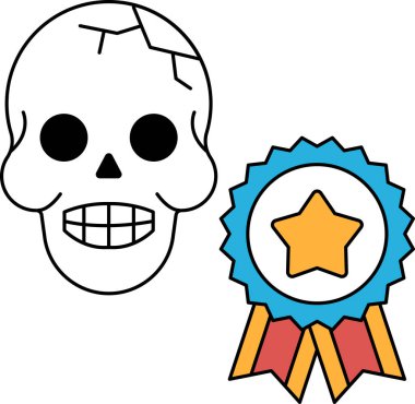 Yıldız ve kurdeleli bir kafatası. Kafatası gülümsüyor ve yıldız parlıyor. Kurdele altın renginde ve üzerinde yıldız var.